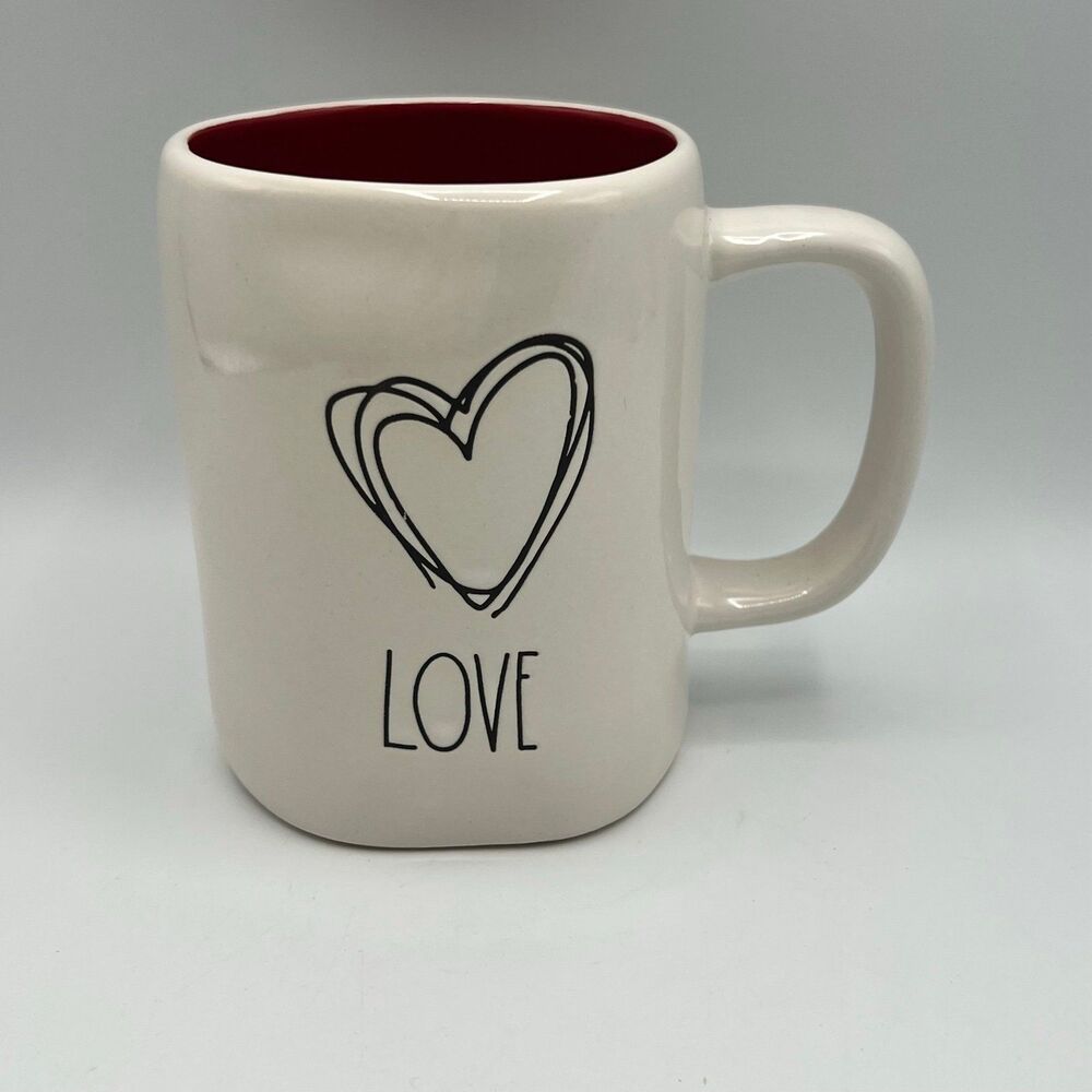New Rae Dunn White LOVE Heart Coffee Tea Red Interior Mug
